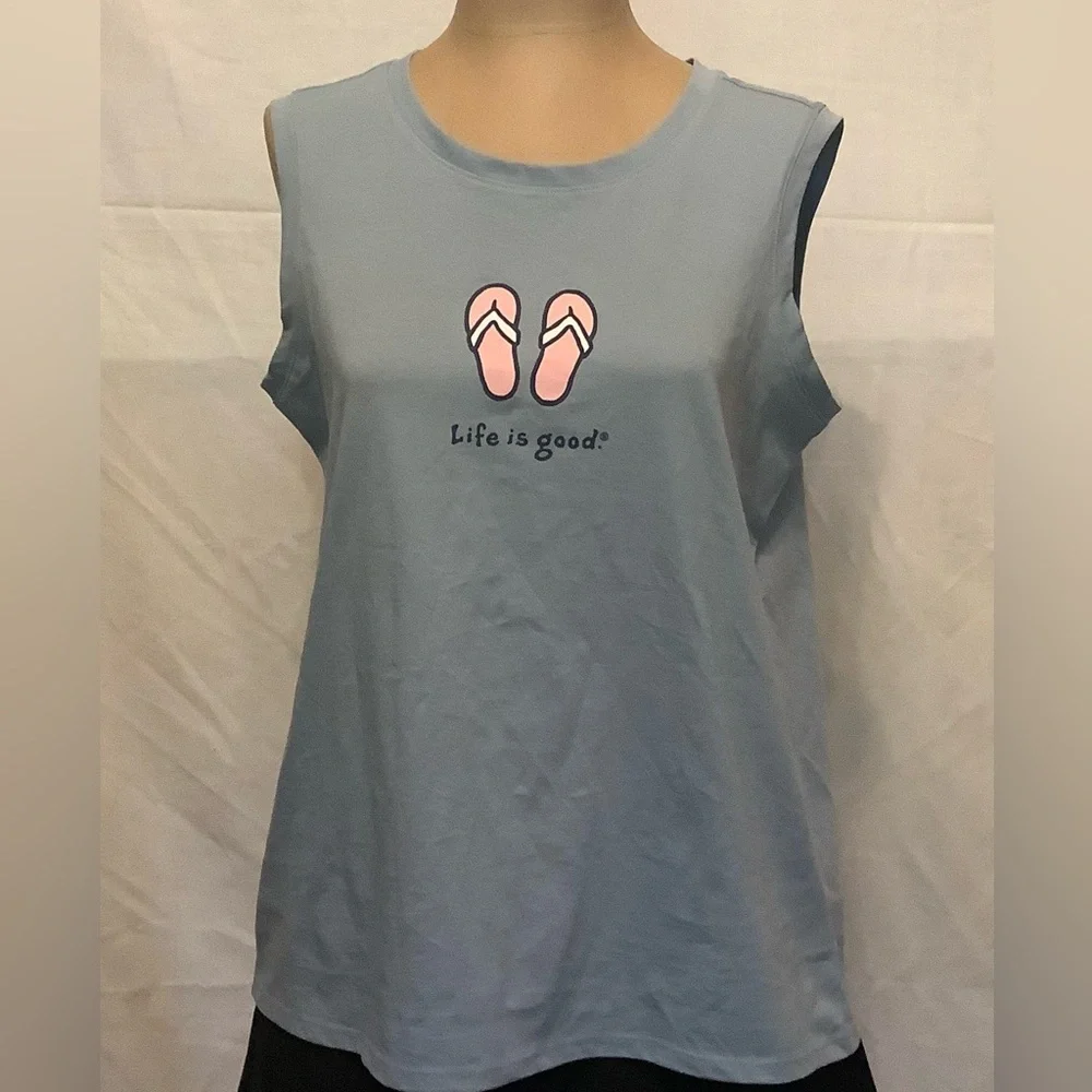 Life Is Good Women's Light Blue Beach Tank Top with Pink Graphic Flip Flops - Picture 1 of 7